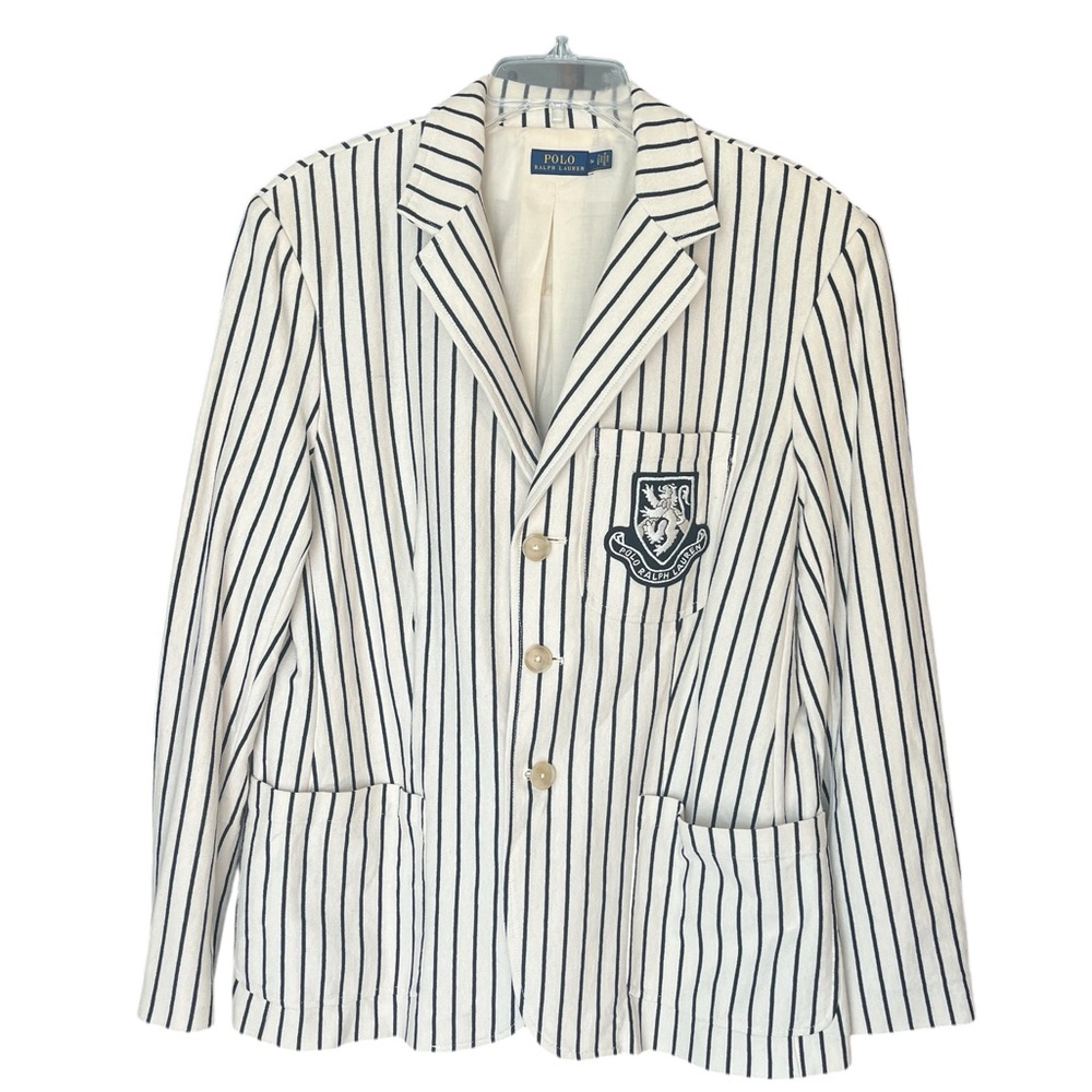 Polo by Ralph Lauren White Navy Striped Blazer with Crest✔️ - Picture 2 of 11